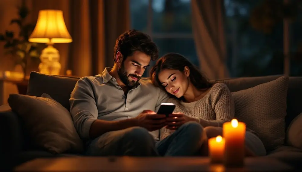 A happy couple using dating apps together on a couch.