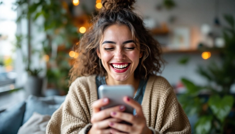 A happy woman smiling at her smartphone in a cafe, reacting to a great Hinge prompt answer.